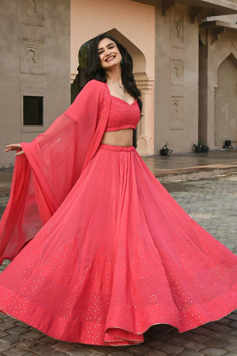 Jyoti Fashion Gajri Thread Embroidery Georgette Lehenga Choli with Dupatta | Swadesiicart