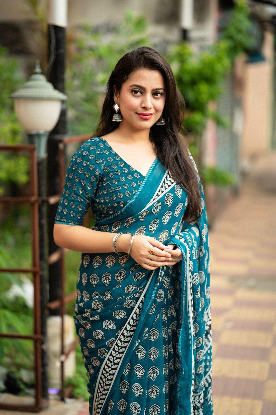 Rama Poly Georgette Ajrak Saree with Unstitched Blouse - Hiral Fashion | Swadesiicart