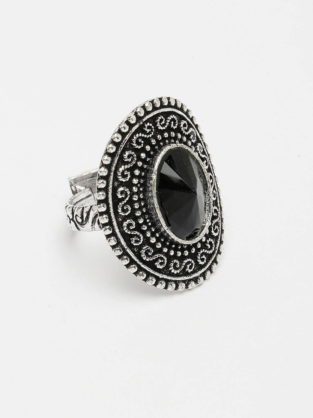 NVR Women's Black Silver-Toned German Silver Adjustable Finger Ring | Swadesiicart