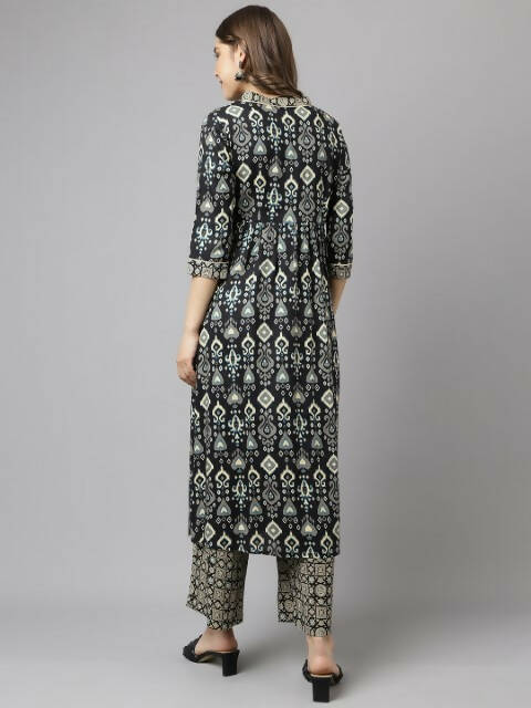 FIORRA Women's Black Cotton A-Line Kurta Palazzo Set - Swadesiicart