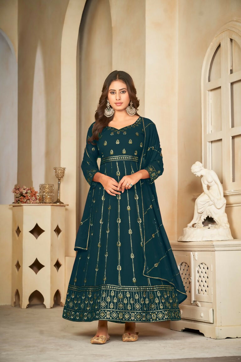 Jyoti Fashion Women's Rama Georgette Embroidered Anarkali Kurta Pant Set With Dupatta | Swadesiicart