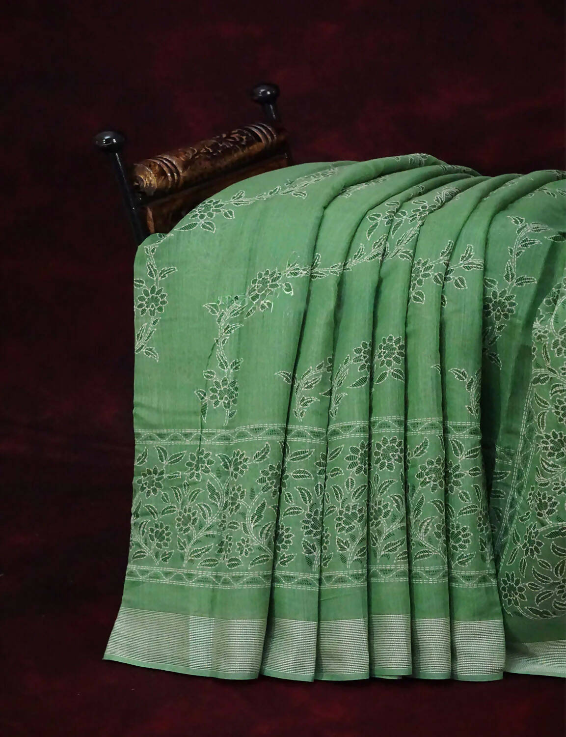 Leaf Green Coloured Block Print Semi Chanderi Saree By Gayathri Reddy Designer Studio | Swadesiicart