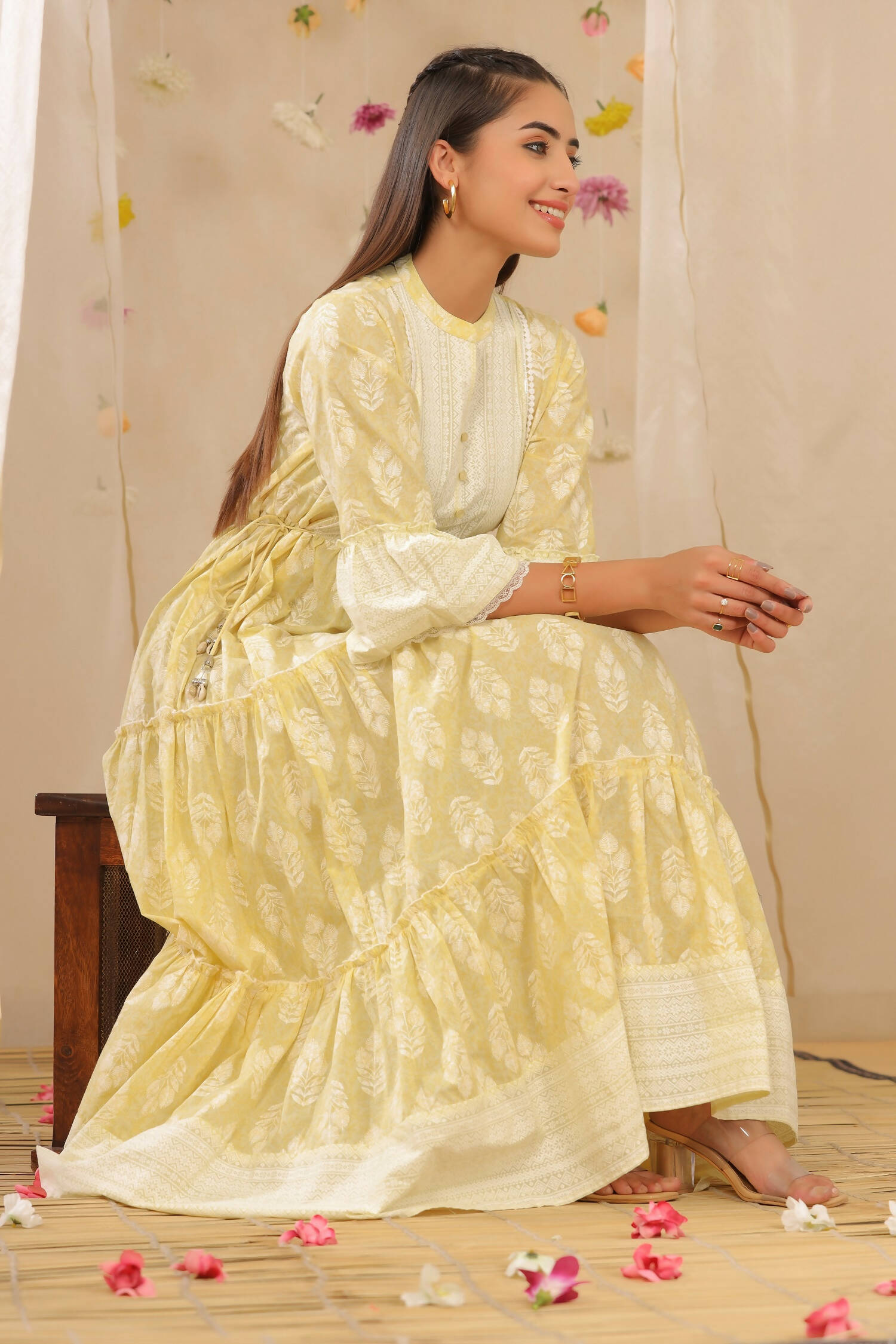 Juniper Womens Limeyellow Cambric Printed Tiered Dress With Flared Sleeve | Swadesiicart