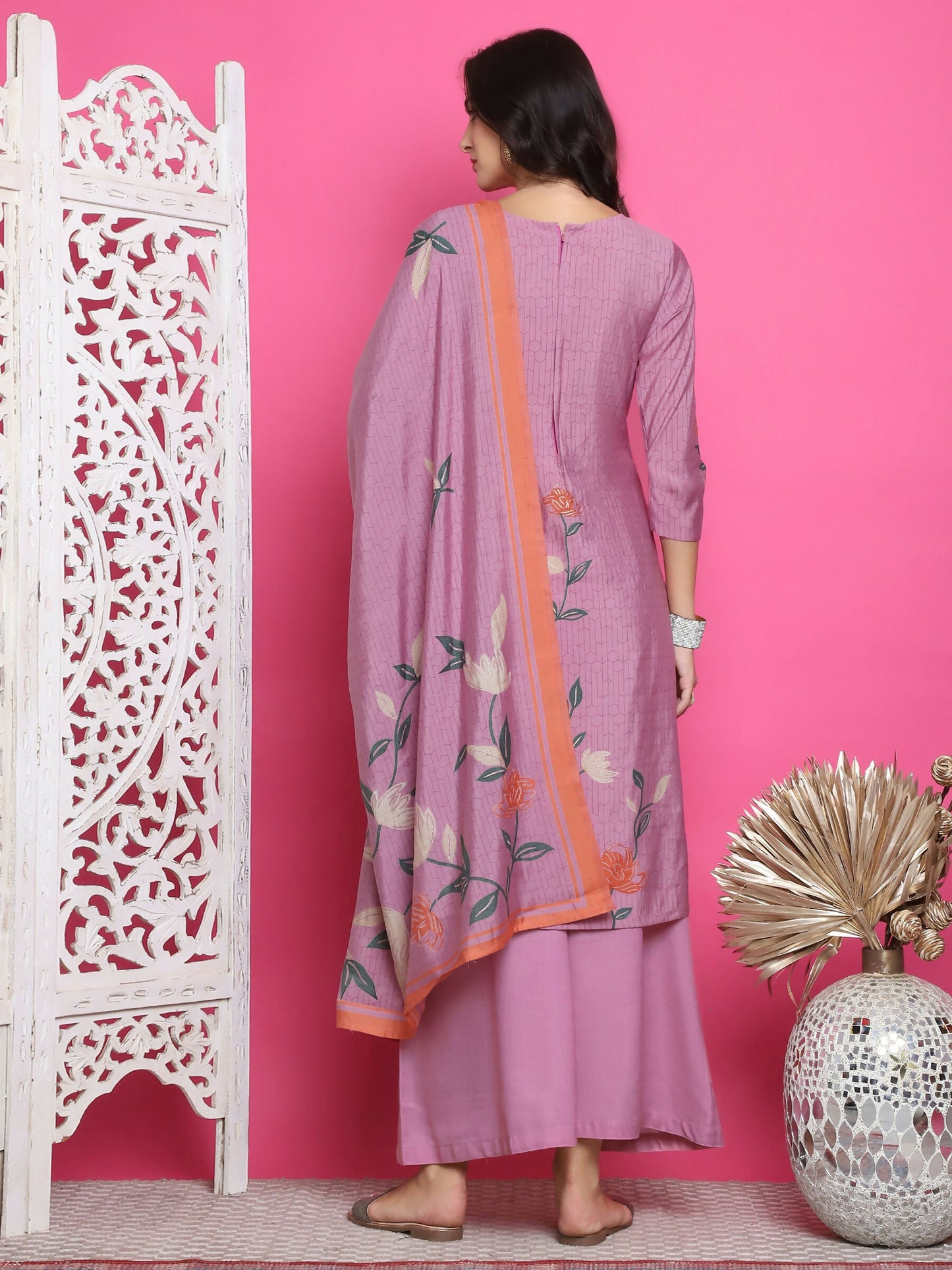 Jyoti Fashion Women's Purple Muslin Floral Print with Jari & Crystal work Kurta with Trouser & Dupatta | Swadesiicart