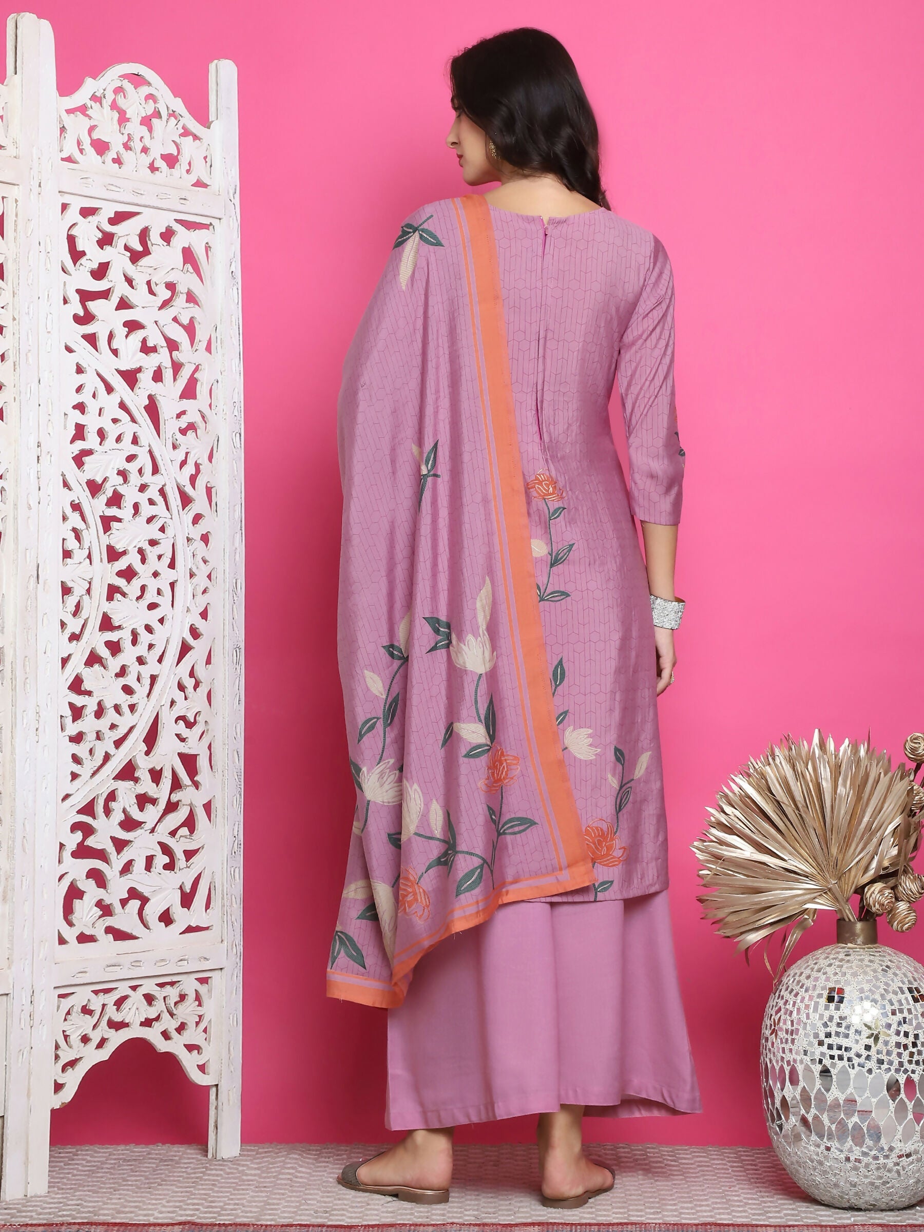 Jyoti Fashion Women's Purple Muslin Floral Print with Jari & Crystal work Kurta with Trouser & Dupatta | Swadesiicart