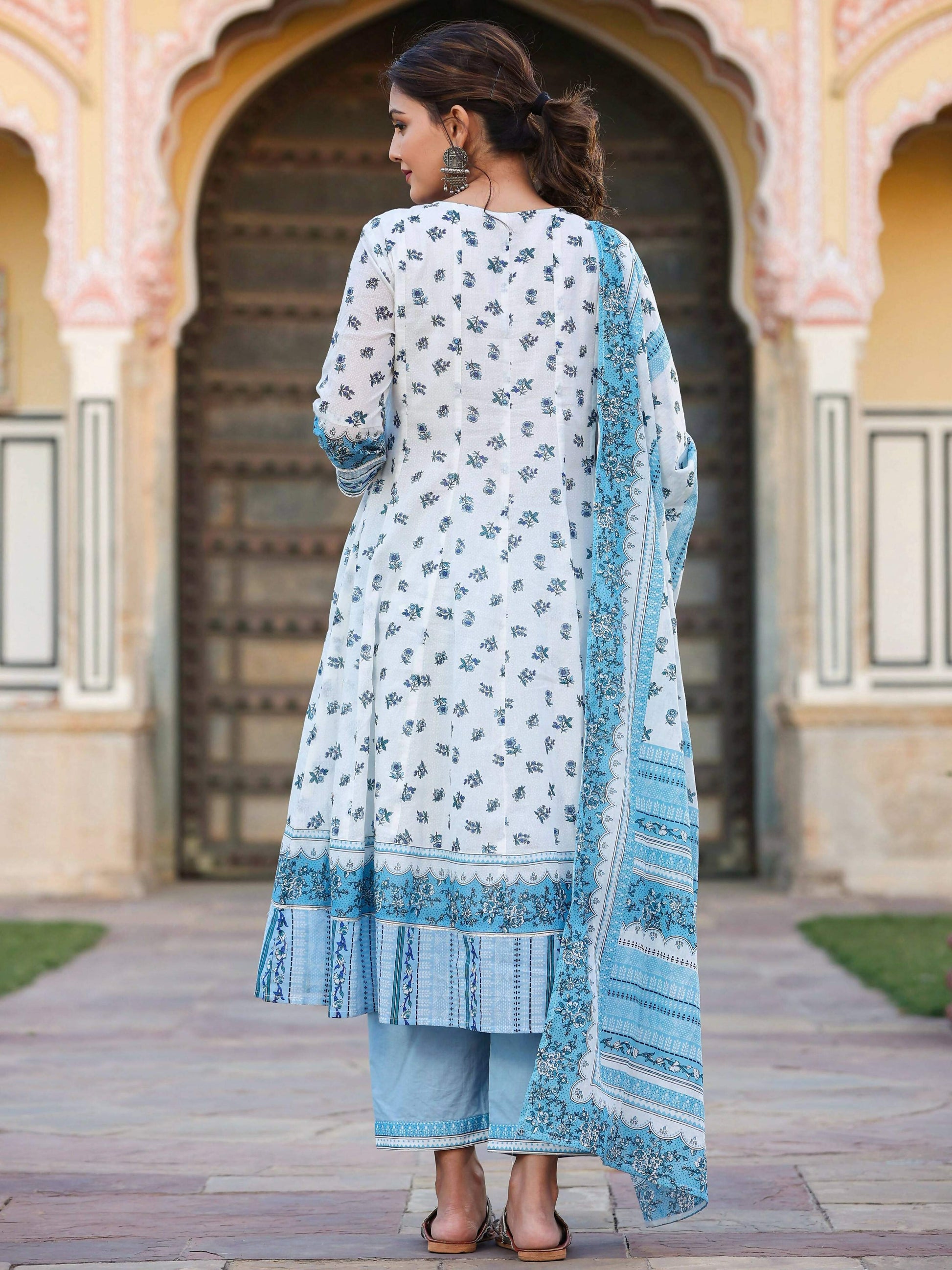 Juniper Women's White Cotton Voile Floral Printed Kurta With Cambric Straight Pant And Voile Duptta | Swadesiicart