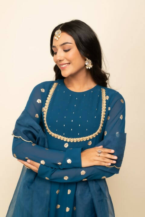 FIORRA Women's Teal Blue Georgette Anarkali Kurta With Dupatta - Swadesiicart