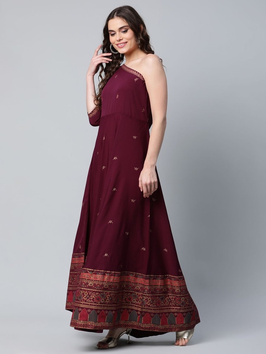 Ahalyaa Women Burgundy & Gold-Toned Ethnic Motifs One Shoulder Ethnic Maxi Dress | Swadesiicart