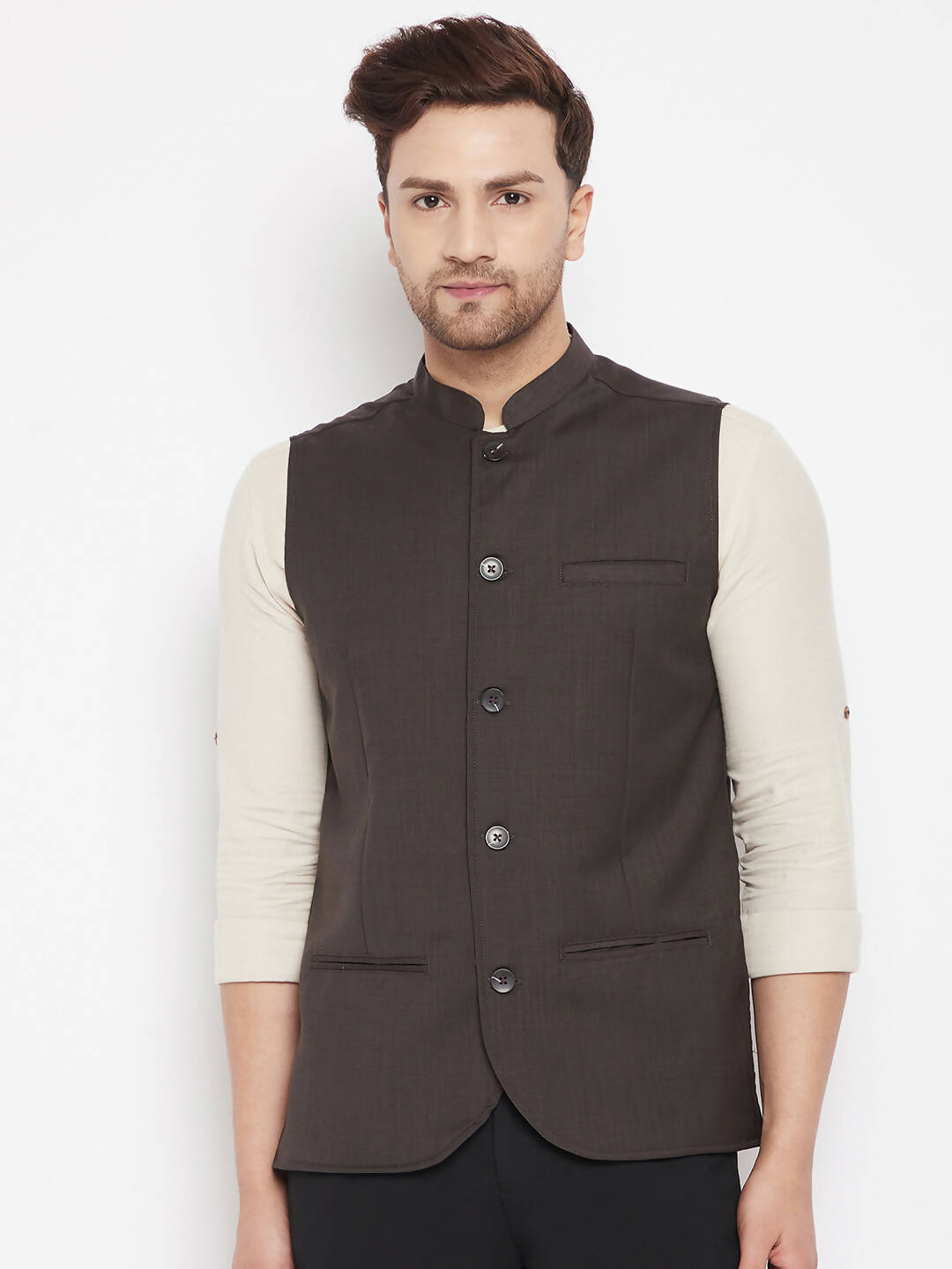 Even Apparels Brown Merino Men Woven Nehru Jacket | Swadesiicart