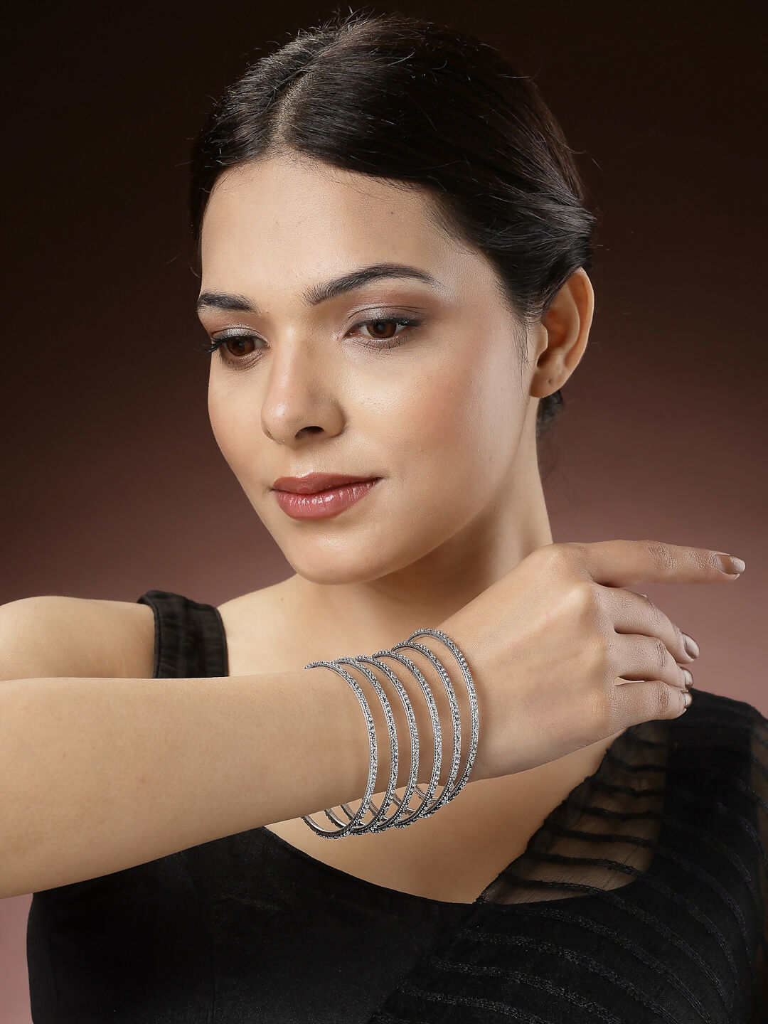 NVR Women's Set of 6 Silver-Toned German Silver Oxidised Bangles - Swadesiicart