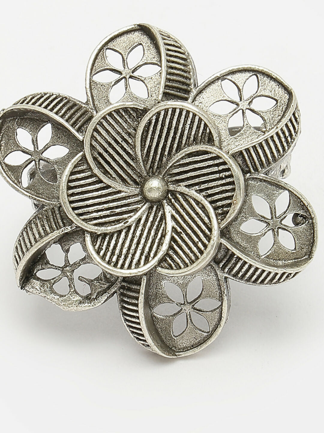 NVR Women's Silver-Toned Floral Shape Adjustable Finger Ring | Swadesiicart