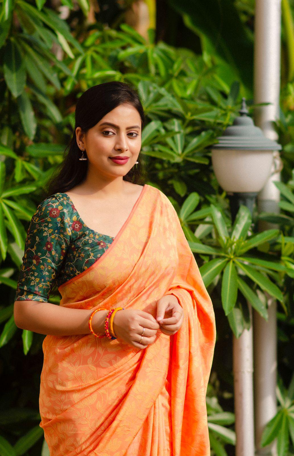 Saffron Jute Silk Woven Design Saree with Unstitched Blouse - Hiral Fashion | Swadesiicart