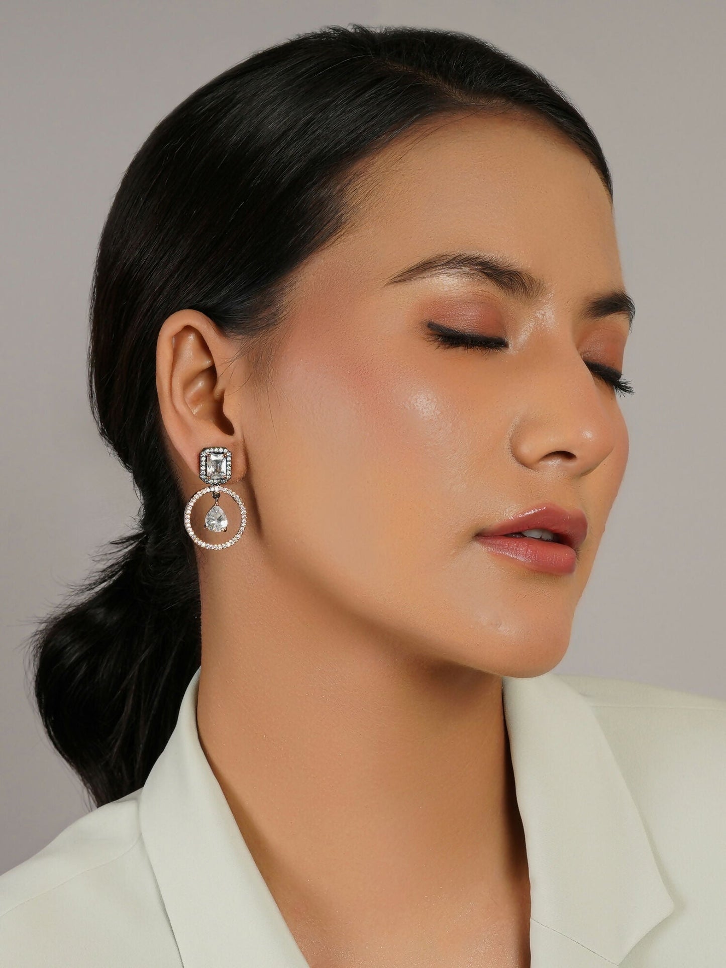 Stone kundan earrings (white) - Ruby Raang - Swadesiicart