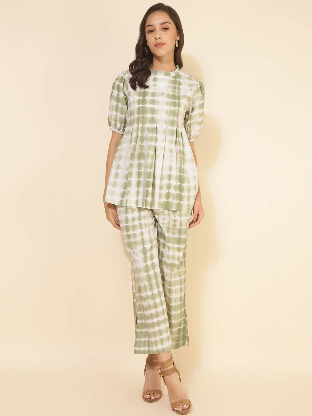 Janasya Women's Off White Cotton Tie & Dye Casual A-line Co-ords - Swadesiicart