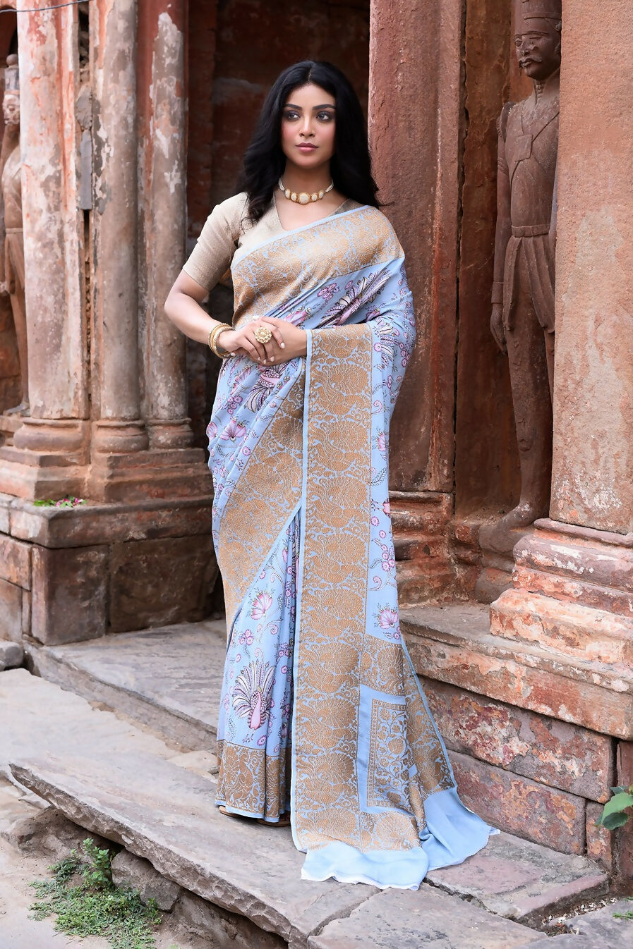 Joban Fashion Light Blue Crepe Chiffon Pure Handloom Banarasi Silk Saree | Swadesiicart