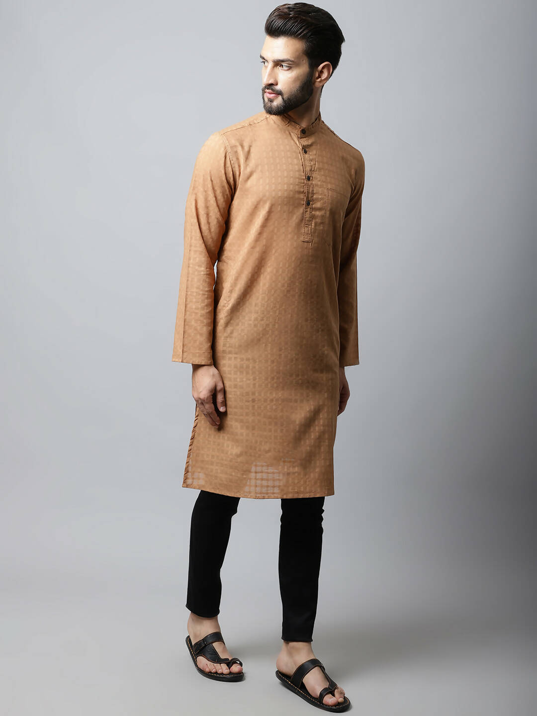 Even Apparels Brown Color Pure Cotton Men's Kurta With Band Collar (CHK1200) | Swadesiicart