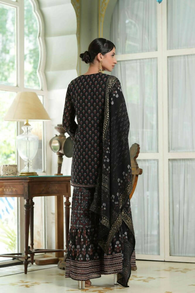 Juniper Black Georgette Festive Floral Print Straight Tunic-Sharara For Women | Swadesiicart