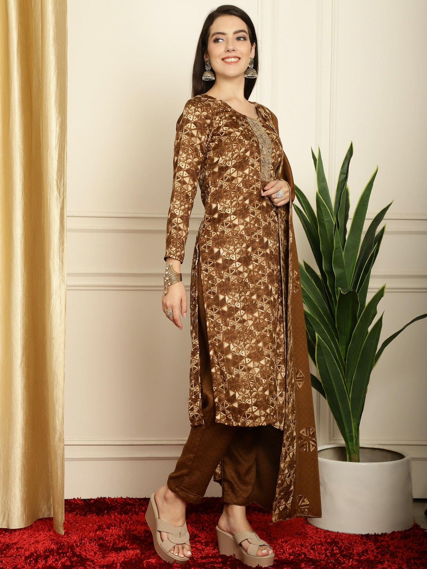 Jyoti Fashion Women's Brown Pashmina Floral Digital Printed Kurta with Trouser & Dupatta | Swadesiicart