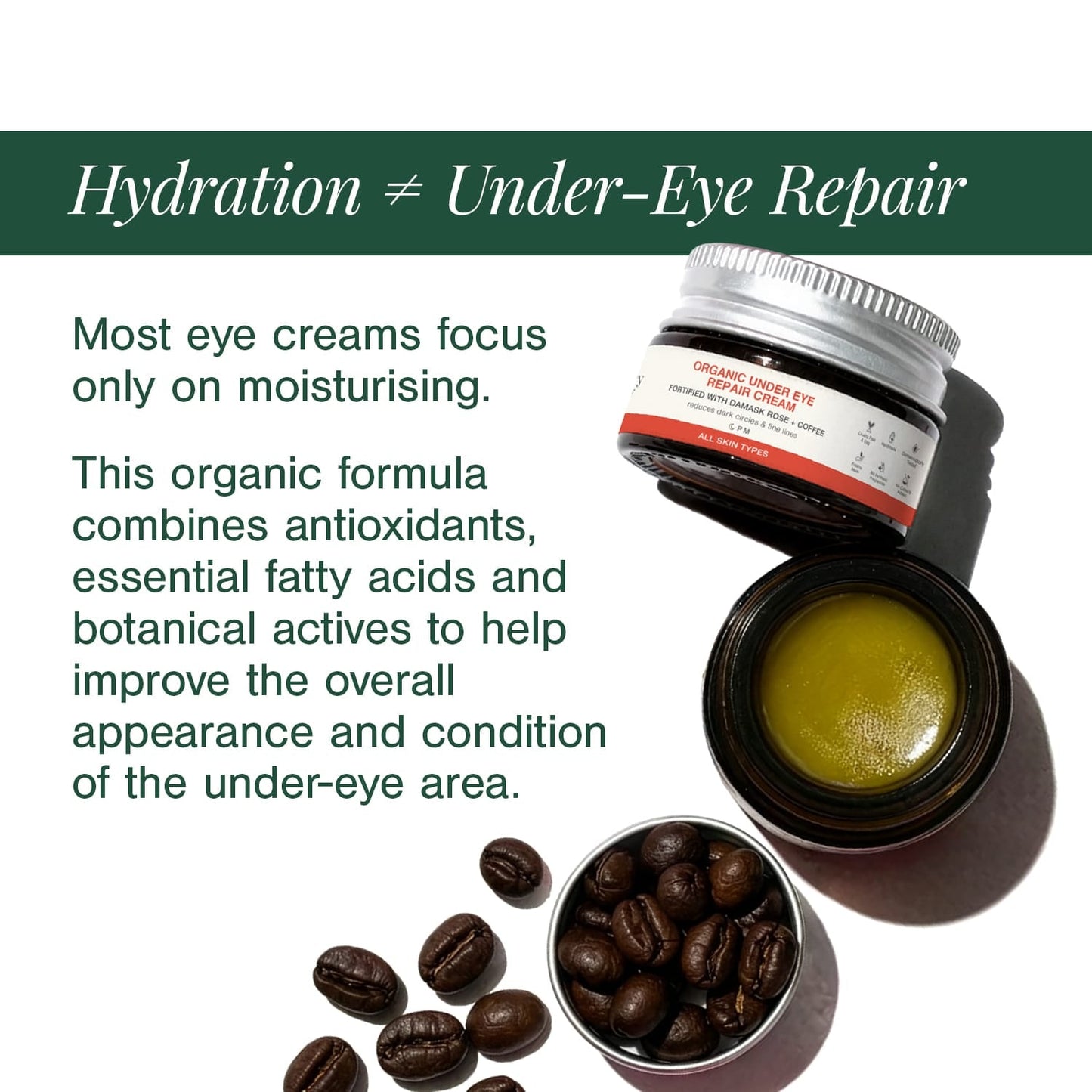 Organic Under Eye Repair Cream Fortified with Damask Rose + Coffee