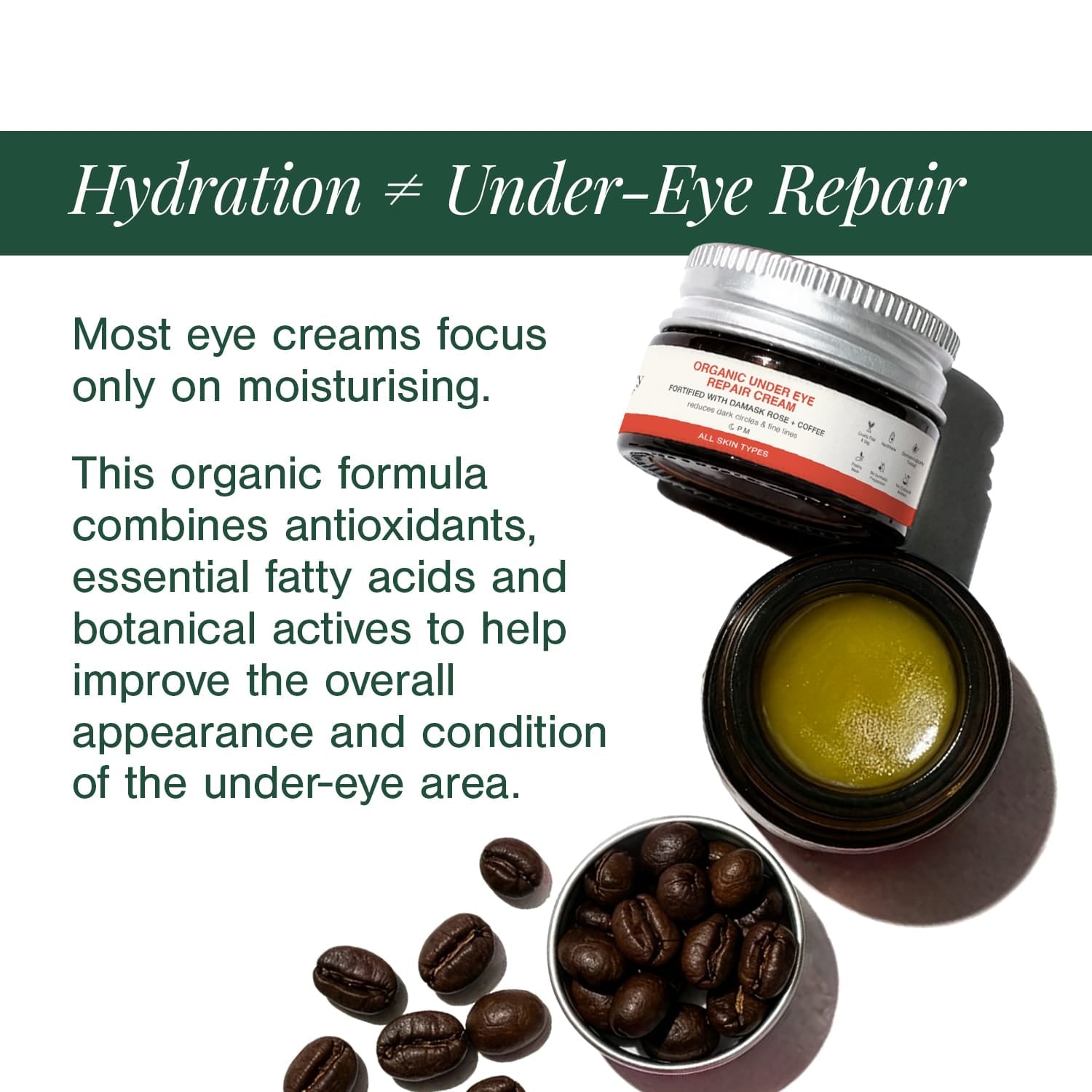 Organic Under Eye Repair Cream Fortified with Damask Rose + Coffee