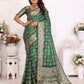 Anaita Dark Green Soft Satin Silk Bandhej Print Saree With Kanchi Zari Weaving Border