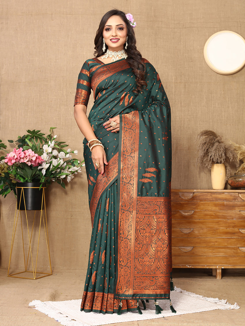 Lorenvalley Fashion Darkgreen Soft Silk Copper Zari weaving Design Saree - Swadesiicart