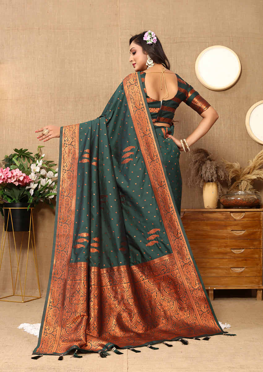 Lorenvalley Fashion Darkgreen Soft Silk Copper Zari weaving Design Saree - Swadesiicart