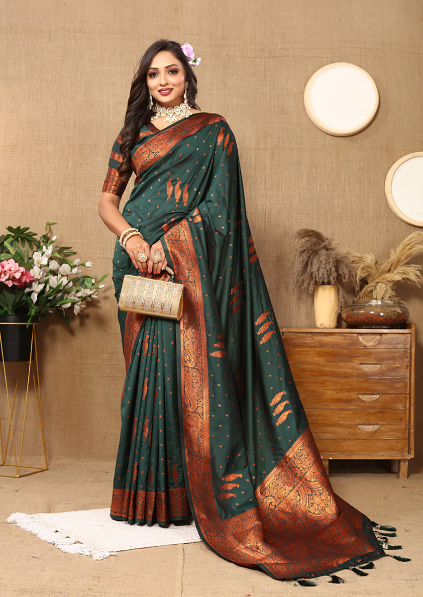 Lorenvalley Fashion Darkgreen Soft Silk Copper Zari weaving Design Saree - Swadesiicart