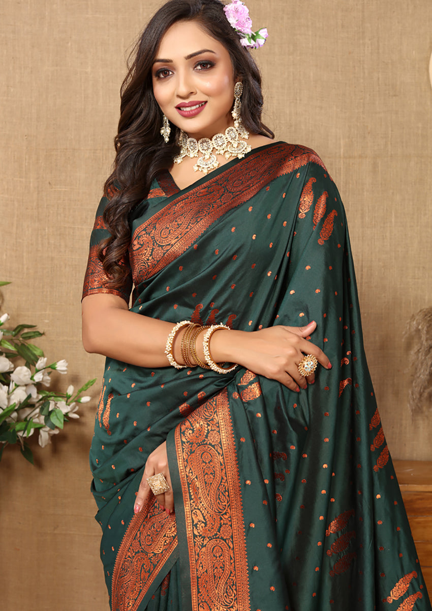 Lorenvalley Fashion Darkgreen Soft Silk Copper Zari weaving Design Saree - Swadesiicart