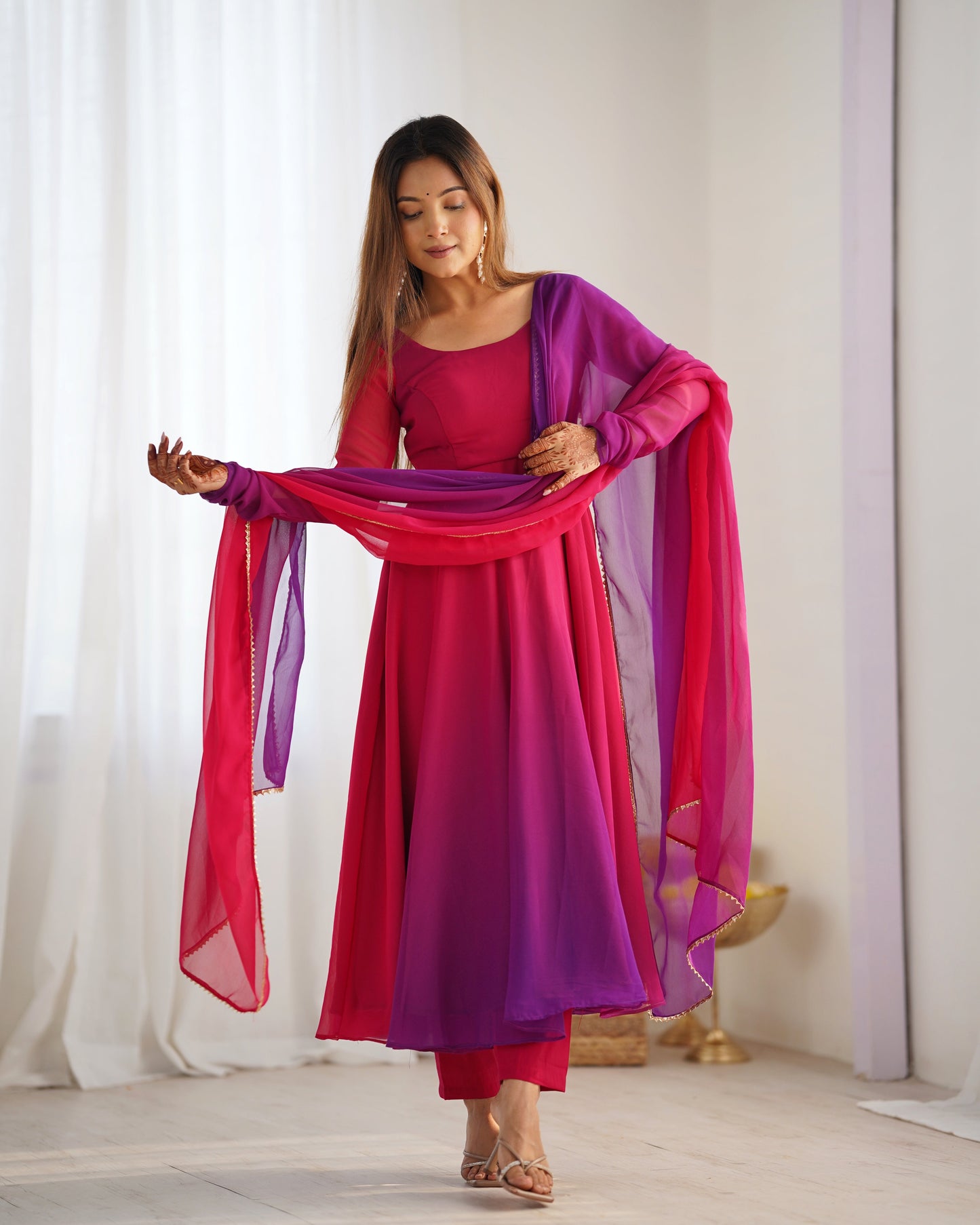 Lorenvalley Women Pure Soft Faux Georgette Colorful Padding Anarkali Kurta Pant With Dupatta Set - Darkpink - Swadesiicart