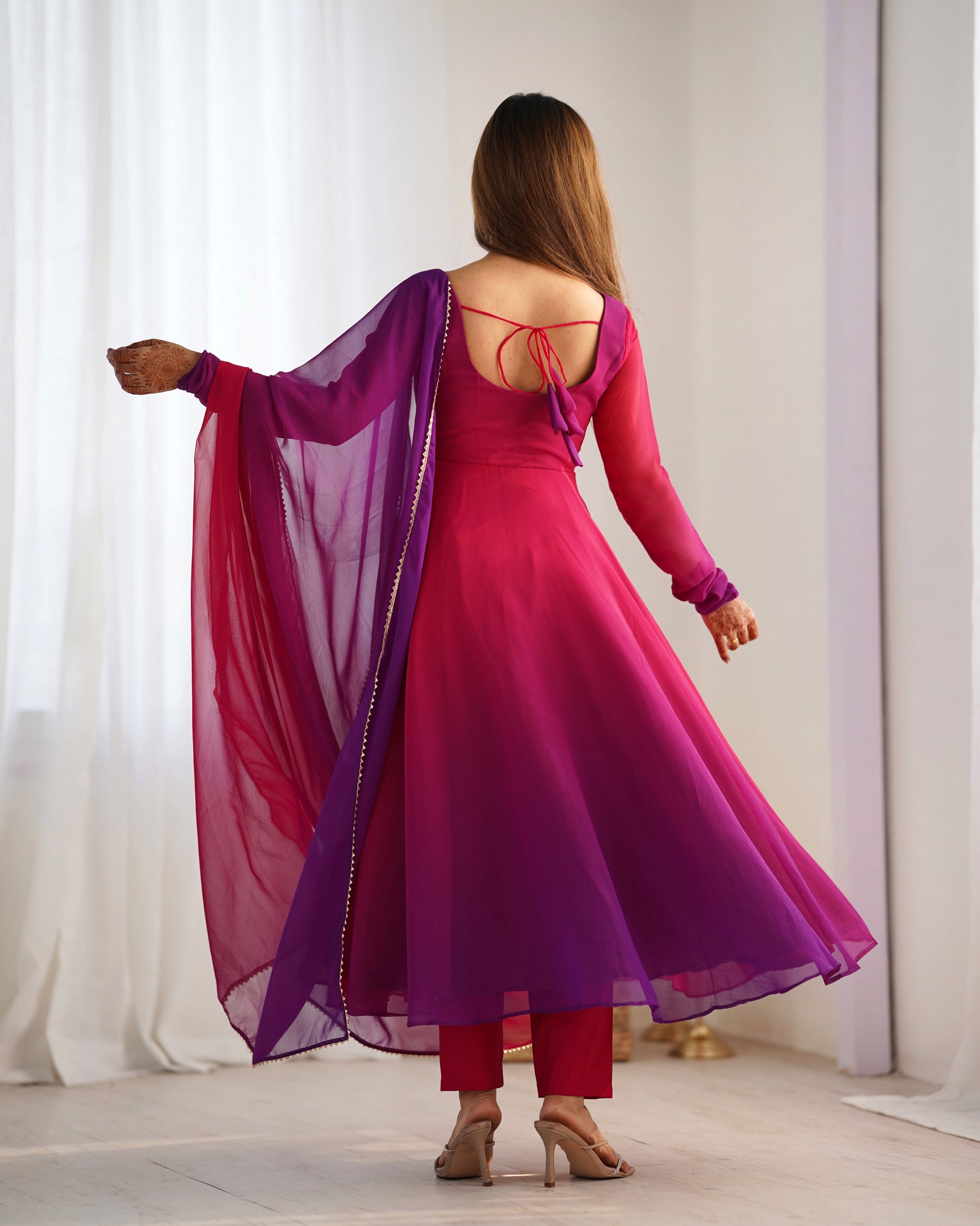 Lorenvalley Women Pure Soft Faux Georgette Colorful Padding Anarkali Kurta Pant With Dupatta Set - Darkpink - Swadesiicart