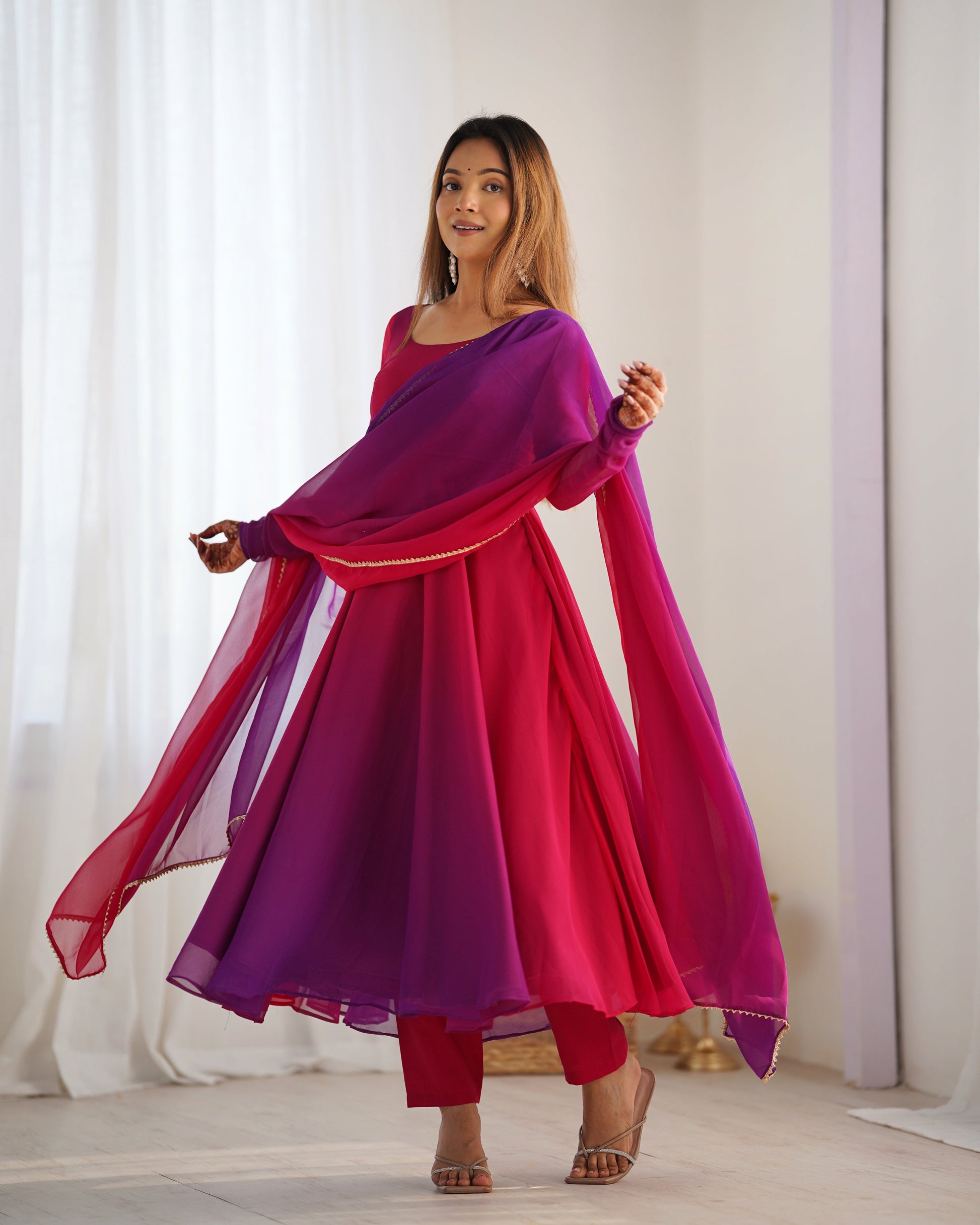 Lorenvalley Women Pure Soft Faux Georgette Colorful Padding Anarkali Kurta Pant With Dupatta Set - Darkpink - Swadesiicart