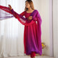 Lorenvalley Women Pure Soft Faux Georgette Colorful Padding Anarkali Kurta Pant With Dupatta Set - Darkpink - Swadesiicart