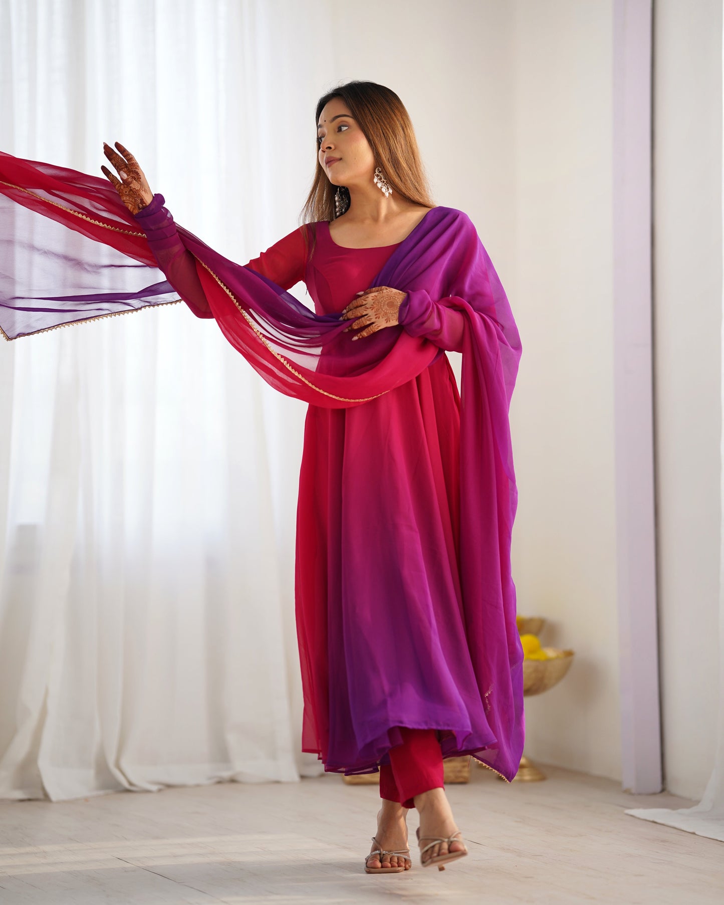Lorenvalley Women Pure Soft Faux Georgette Colorful Padding Anarkali Kurta Pant With Dupatta Set - Darkpink - Swadesiicart