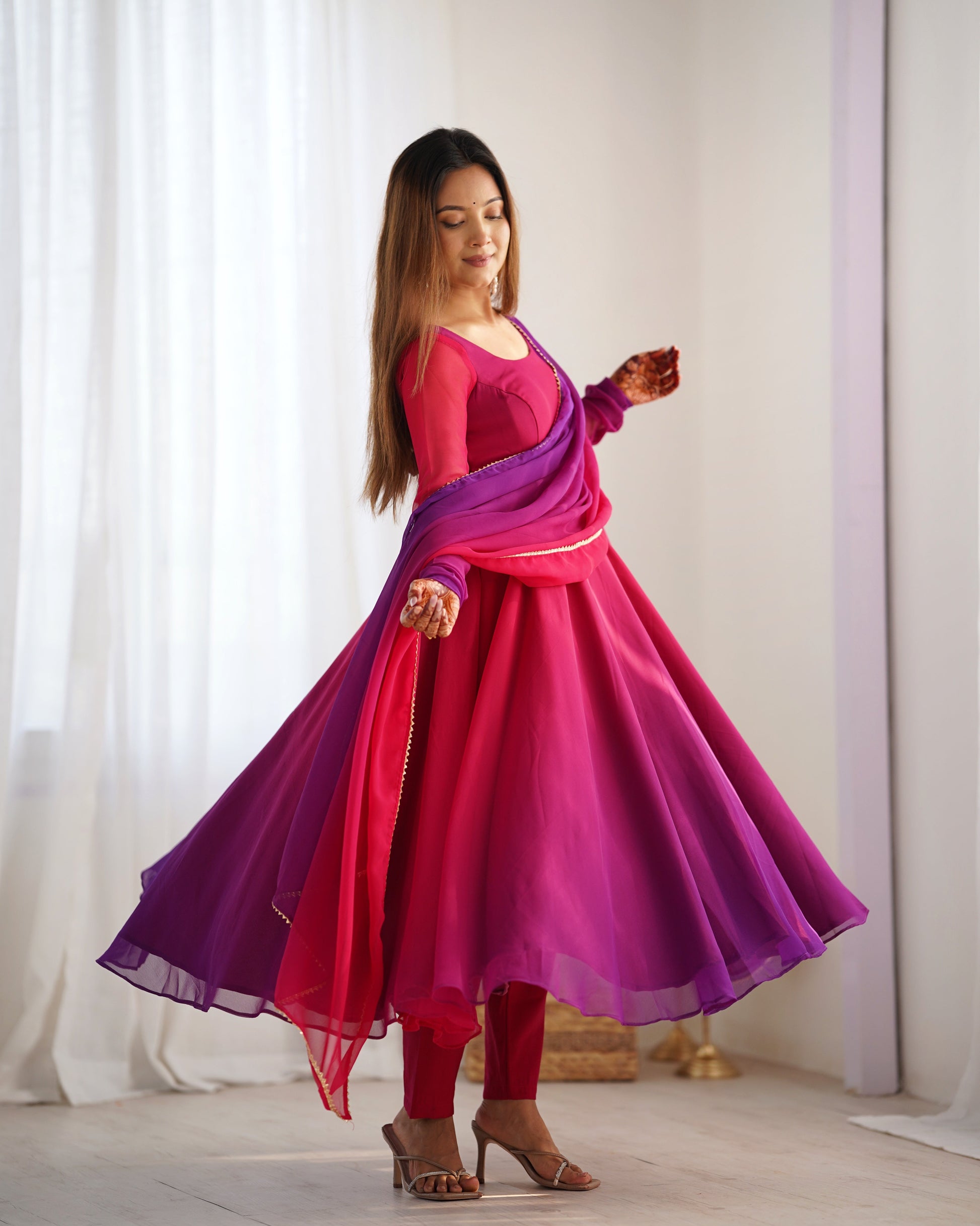 Lorenvalley Women Pure Soft Faux Georgette Colorful Padding Anarkali Kurta Pant With Dupatta Set - Darkpink - Swadesiicart