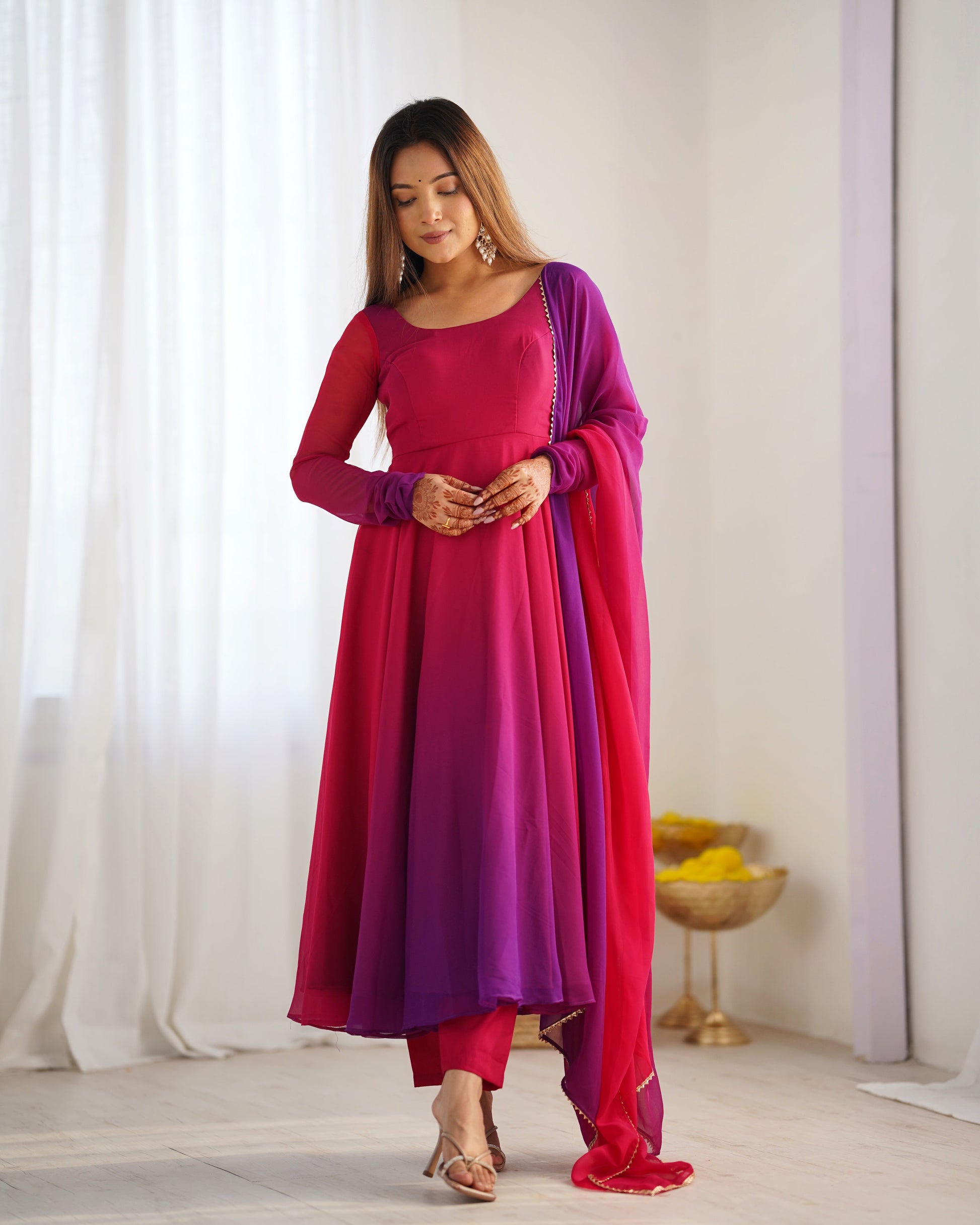 Lorenvalley Women Pure Soft Faux Georgette Colorful Padding Anarkali Kurta Pant With Dupatta Set - Darkpink - Swadesiicart