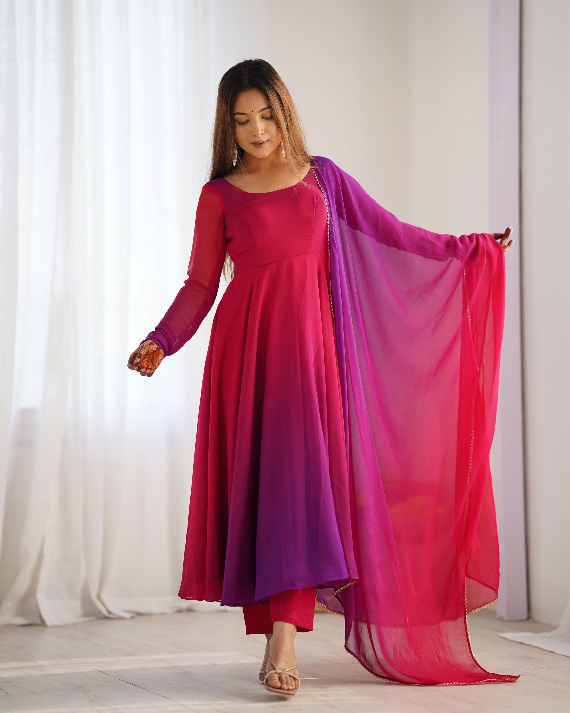 Lorenvalley Women Pure Soft Faux Georgette Colorful Padding Anarkali Kurta Pant With Dupatta Set - Darkpink - Swadesiicart