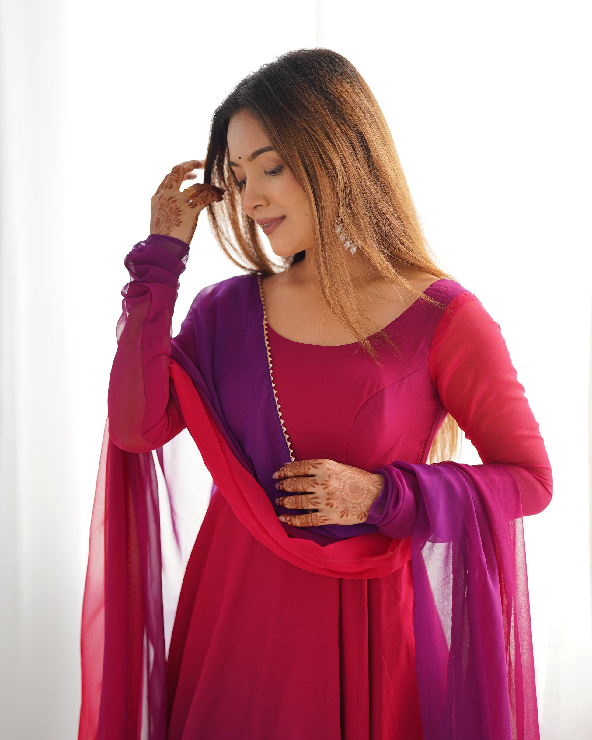 Lorenvalley Women Pure Soft Faux Georgette Colorful Padding Anarkali Kurta Pant With Dupatta Set - Darkpink - Swadesiicart