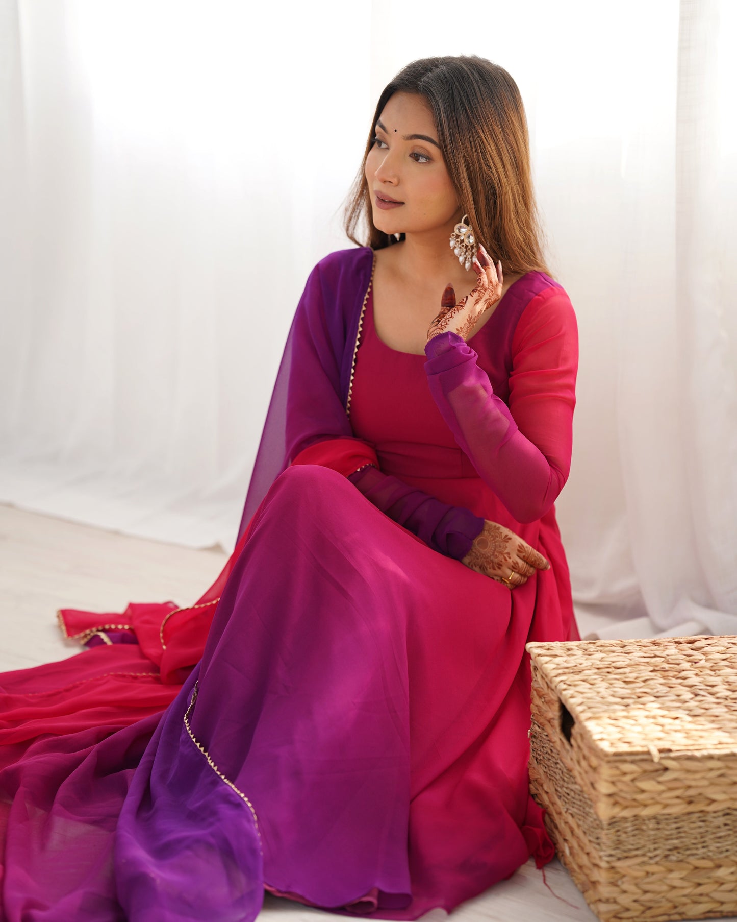Lorenvalley Women Pure Soft Faux Georgette Colorful Padding Anarkali Kurta Pant With Dupatta Set - Darkpink - Swadesiicart