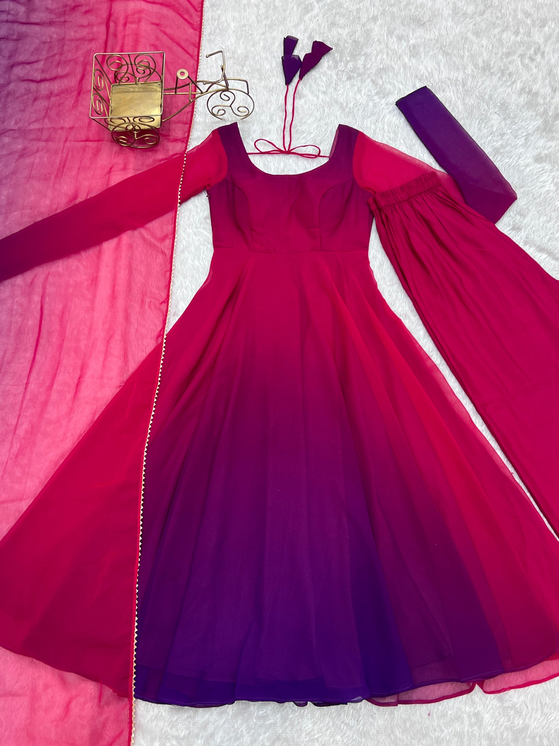 Lorenvalley Women Pure Soft Faux Georgette Colorful Padding Anarkali Kurta Pant With Dupatta Set - Darkpink - Swadesiicart