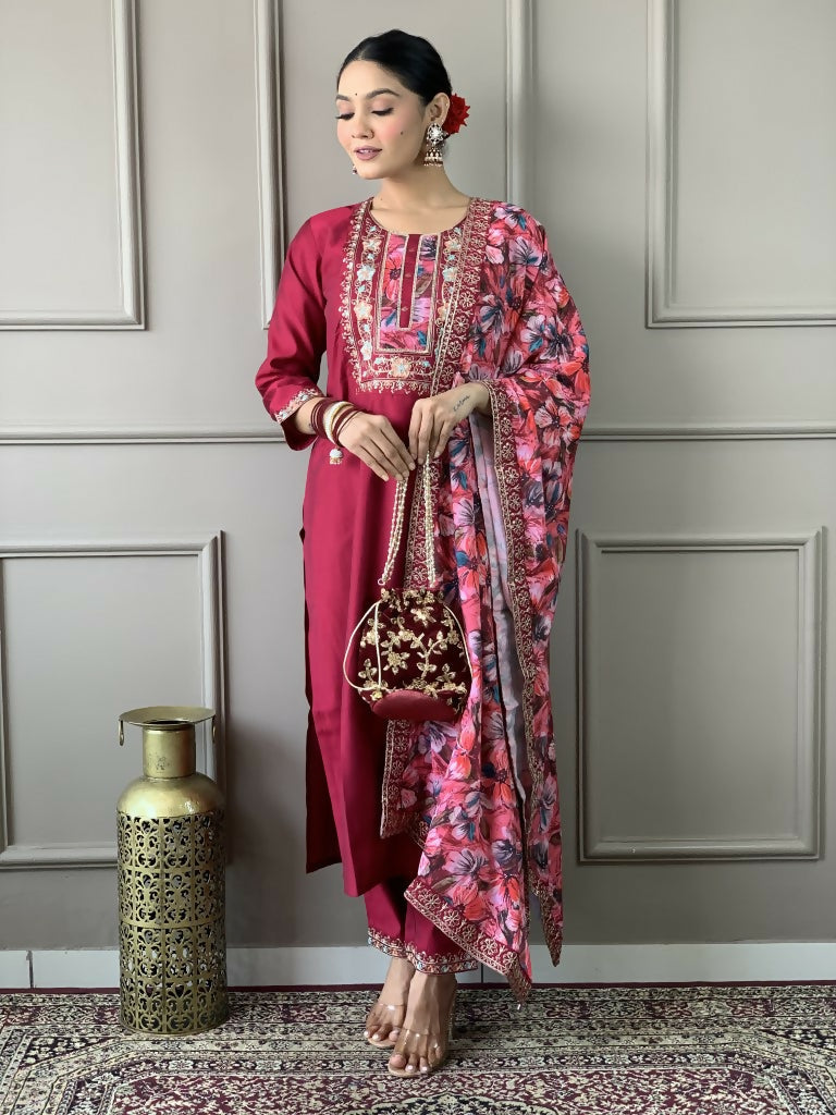 Partywear Designer Viscos Chanderi Maroon Stitched Suit With Dupatta - Tanisha | Swadesiicart