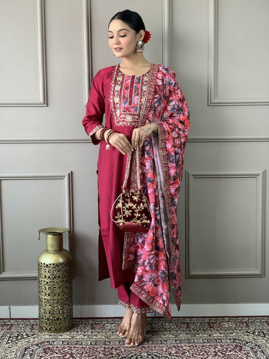 Partywear Designer Viscos Chanderi Maroon Stitched Suit With Dupatta - Tanisha | Swadesiicart