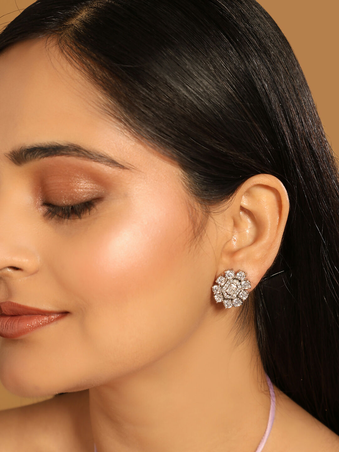 Nuyug Silver Blossom Diamond Studs | Swadesiicart