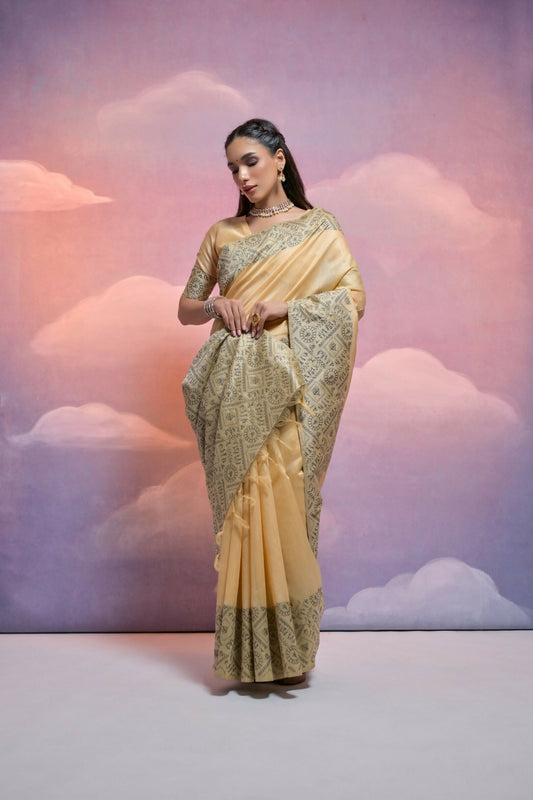 Vishnu Weaves Women's Cream Handloom Raw Silk Woven Border Saree with Blouse - Swadesiicart