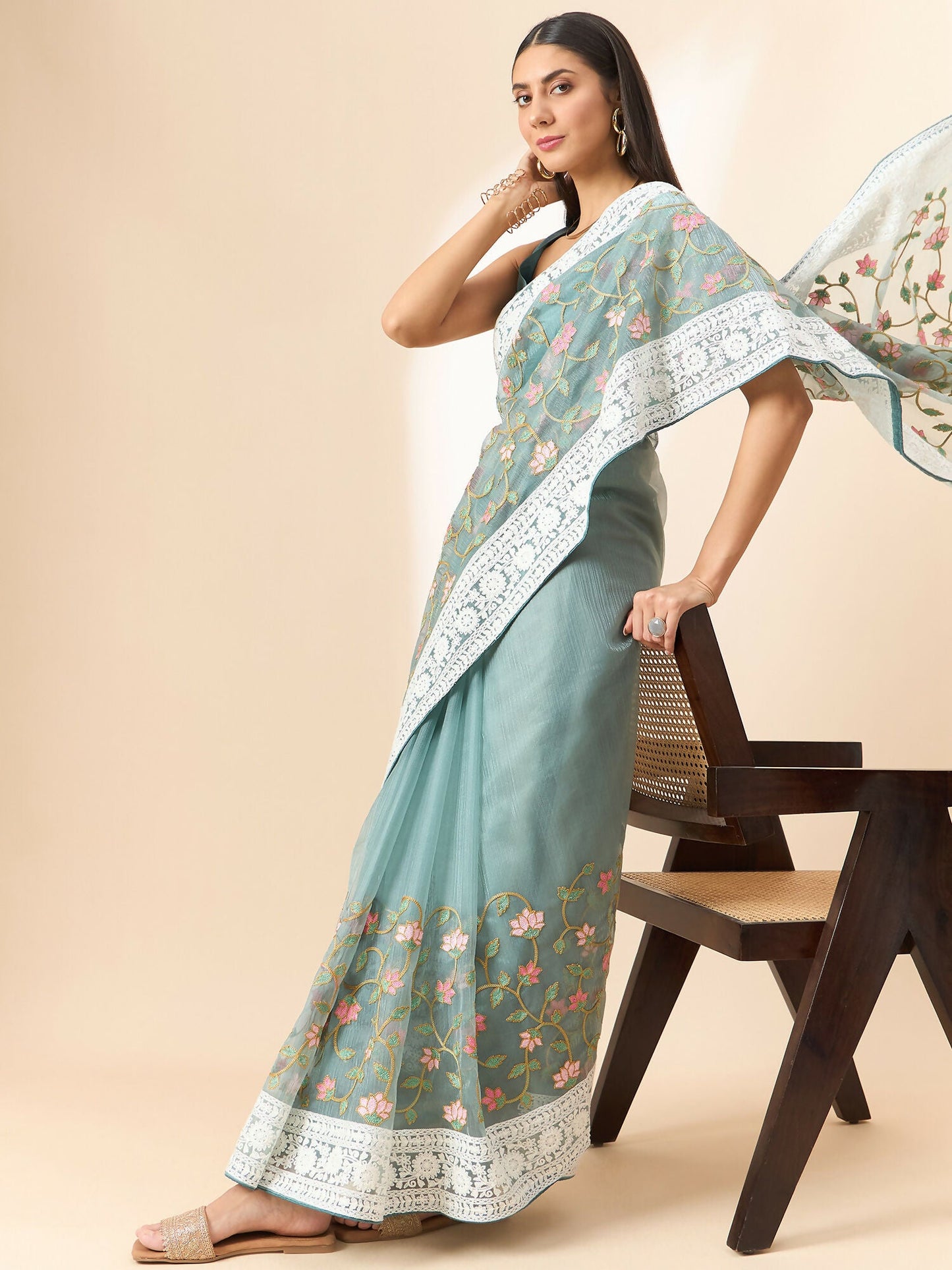Blue Organza Floral Embroidered Saree with Unstitched Blouse Piece - Roozal