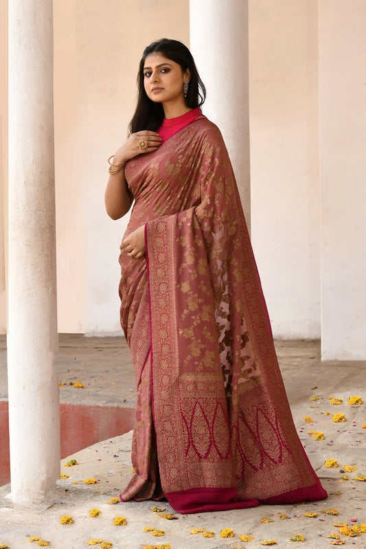 Joban Fashion Rouge Pink Crepe Chiffon Pure Handloom Banarasi Silk Saree | Swadesiicart