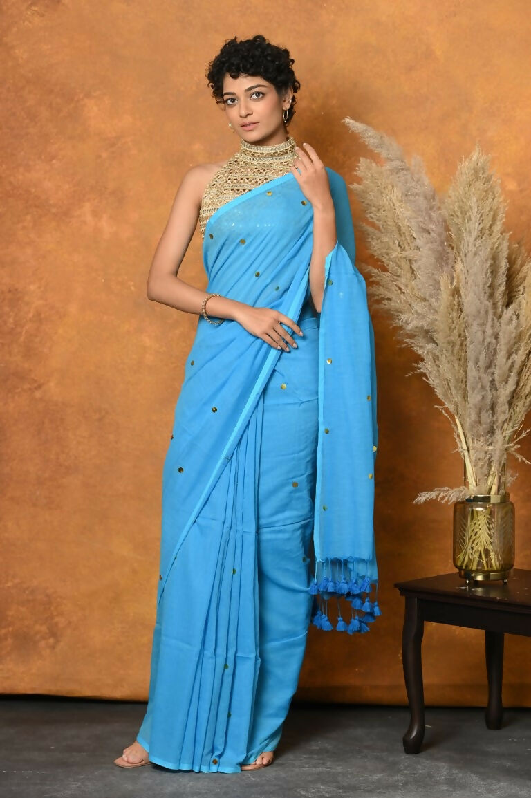 Very Much Indian Pure Mul Cotton Handloom Saree - Sky Blue | Swadesiicart