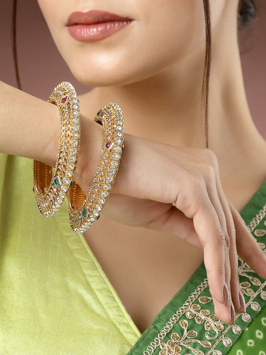 NVR Women's Set of 2 Gold-Polished Kundan Traditional Bangles - Swadesiicart