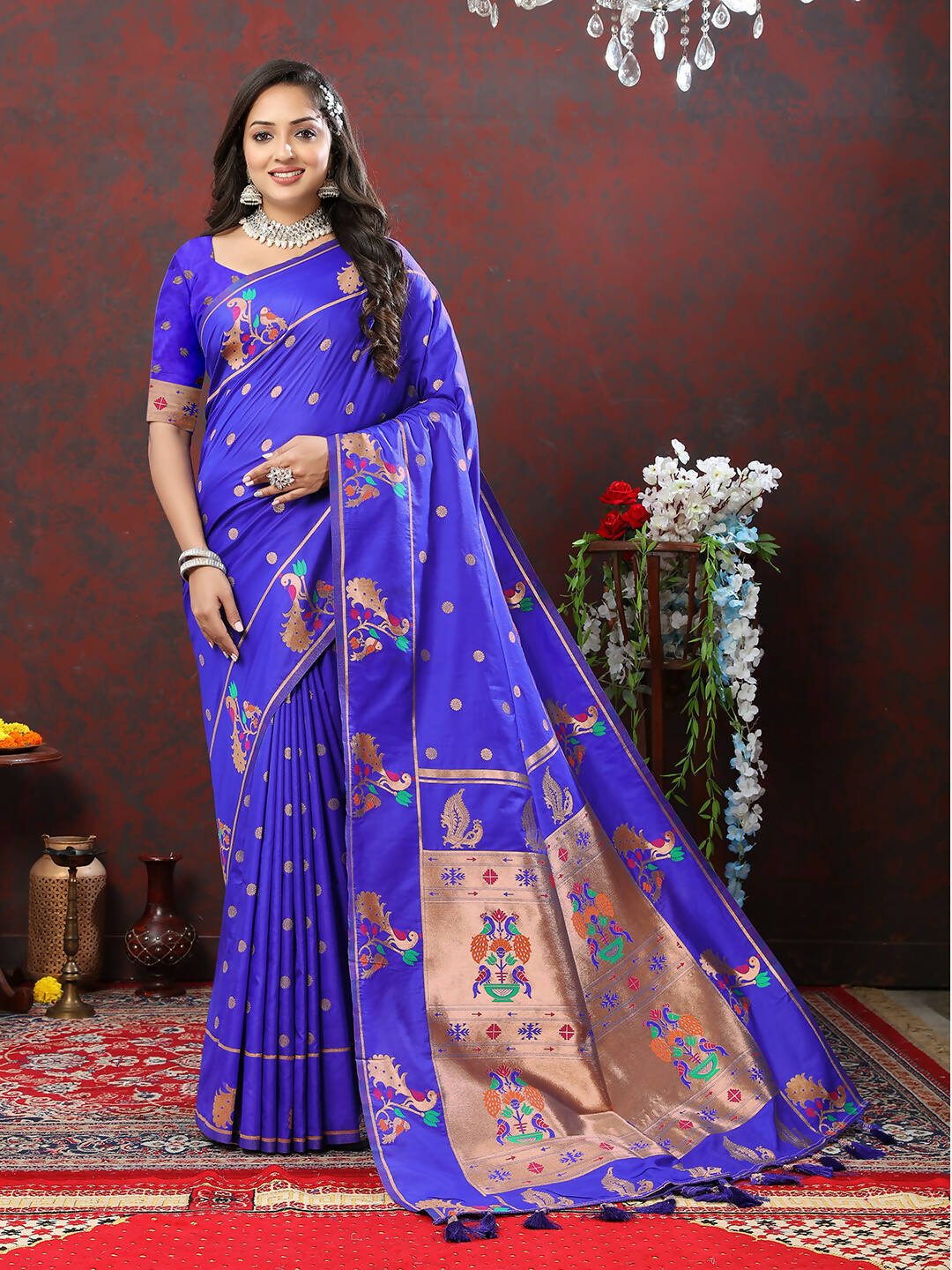 Lorenvalley Fashion Blue Soft Paithani Silk Woven Design Copper Zari Meenakari Weaving Saree - Swadesiicart