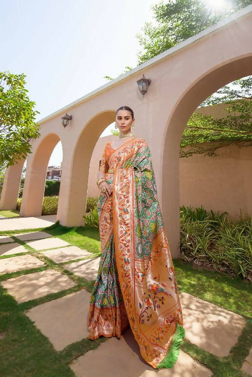 Vishnu Weaves Women's Mahendi Paithani Silk Zari Woven Saree with Unstitched Blouse - Swadesiicart